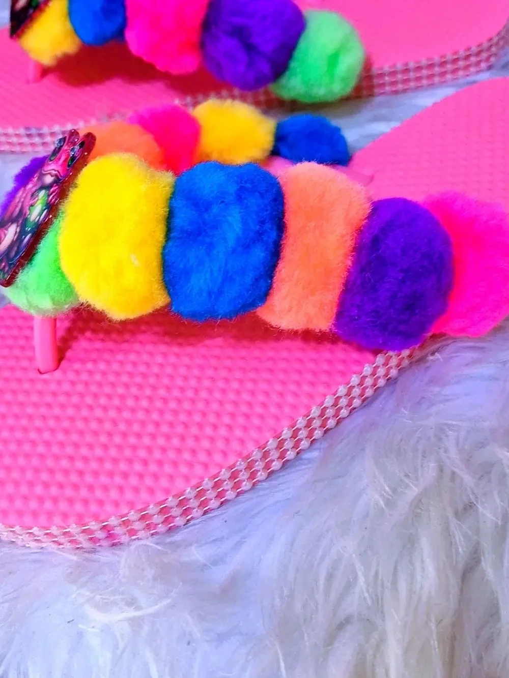 Kids Pink Rainbow Pom-Pom Flip Flops with Frog Accent
